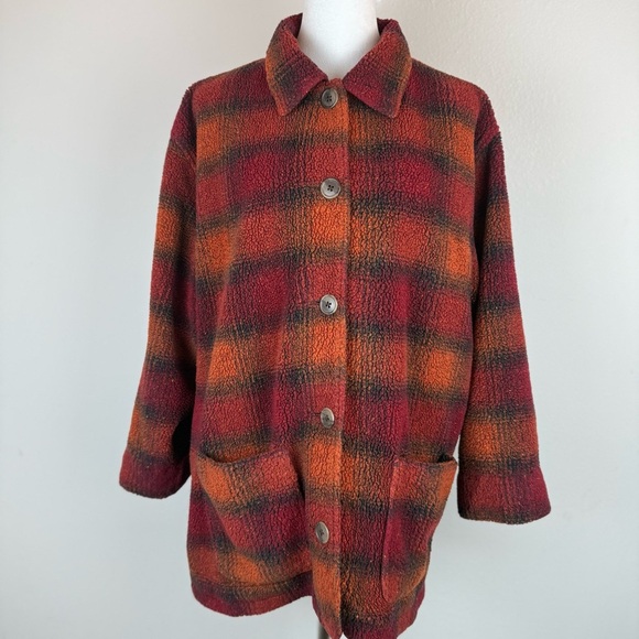 Vintage Eddie Bauer Women’s Petite XL Plaid Sherpa Jacket 90s Grunge Canada - Picture 2 of 13